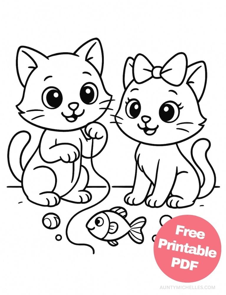 This coloring page features two adorable cartoon cats—a boy and a girl—playing together with the same piece of string.
