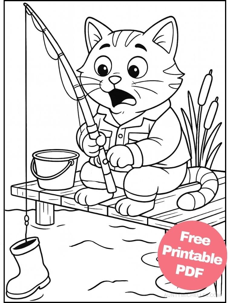 This coloring page features a goofy cat fisherman sitting on a dock wearing a classic fishing jacket while accidentally reeling in an old boot instead of a fish.