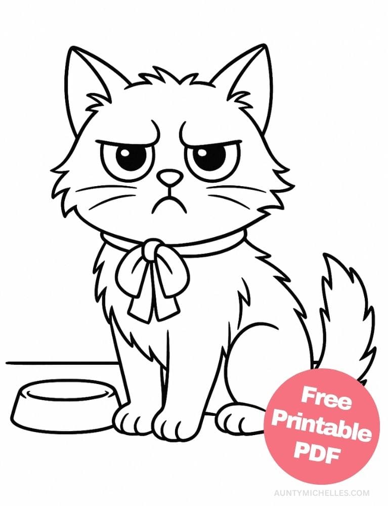 This coloring page features a very grumpy cartoon cat sitting beside an empty food bowl with a dramatic pout.