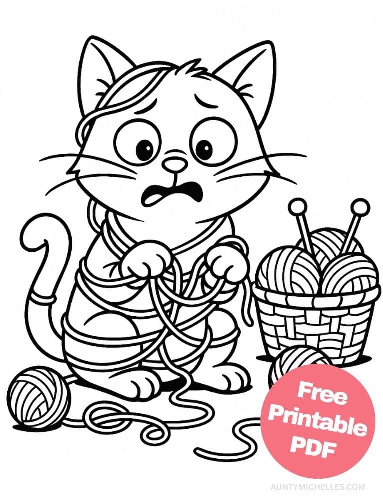 This coloring page shows an older cat tangled dramatically in thick yarn, sitting beside a basket overflowing with balls of yarn and knitting needles.