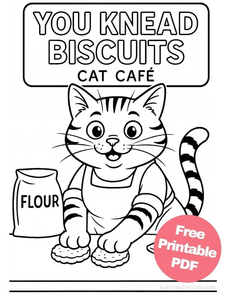 This coloring page features a cheerful cat wearing an apron while kneading dough with both paws atop a bakery counter. A hanging sign reading “You Knead Biscuits – Cat Café” gives the scene charm.