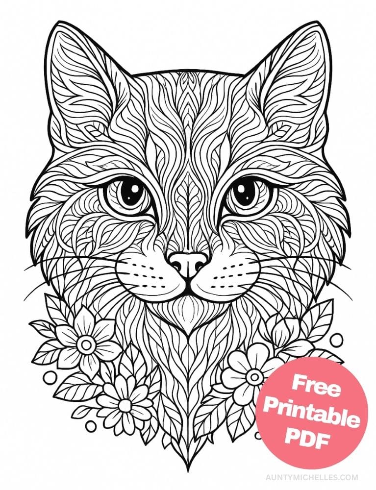 This coloring page showcases a highly detailed symmetrical mandala cat face filled with flowing floral and ornamental line.work. The decorative textures and layered patterns offer a more intricate coloring experience while retaining an elegant, graceful style.