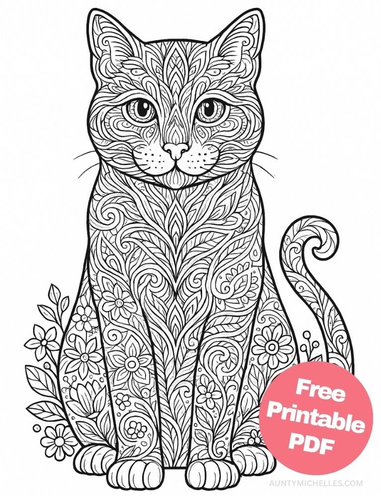 This coloring page features a full-body cat designed in an ornate mandala style, complete with swirling fur patterns, botanical motifs, and symmetrical details.