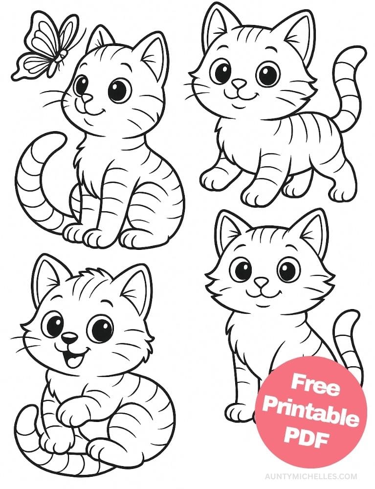 This coloring page includes five different cute cartoon cats arranged individually on a single sheet.