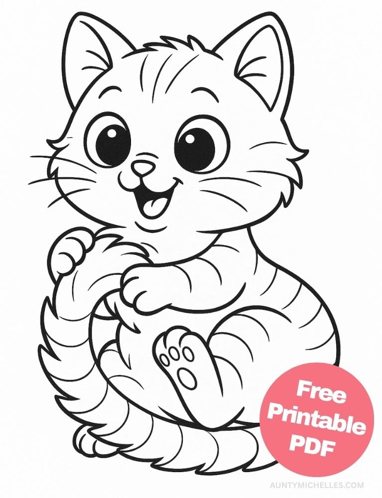 This coloring page features a cute cartoon cat curled into a playful ball, grabbing its own tail with a joyful expression.