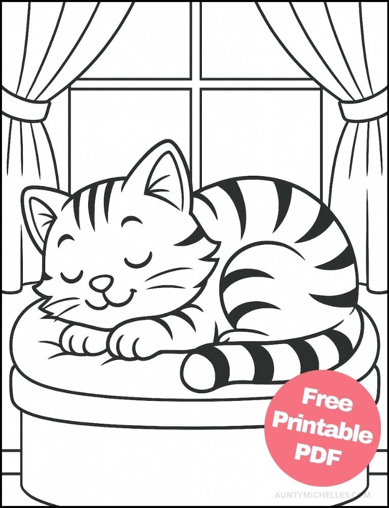This coloring page shows a curled-up sleeping cat resting on a cushioned window seat beneath softly draped curtains.