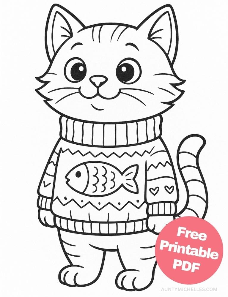 This coloring page features an adorable cartoon cat standing upright wearing a big, cozy sweater decorated with a fish in the center.
