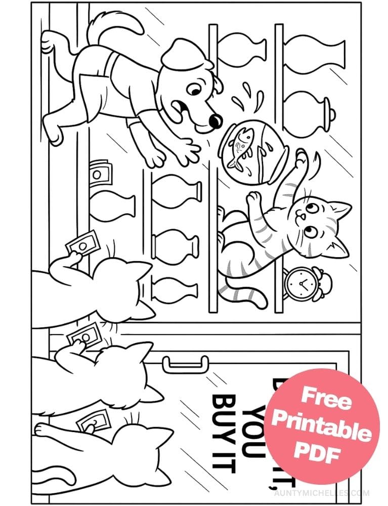 This coloring page depicts a mischievous cat perched on a shelf inside a shop gently nudging a fishbowl off the edge while a frantic dog shopkeeper tries to catch it. Outside, three cats wait in line with money under a large sign reading “You Break It, You Buy It."