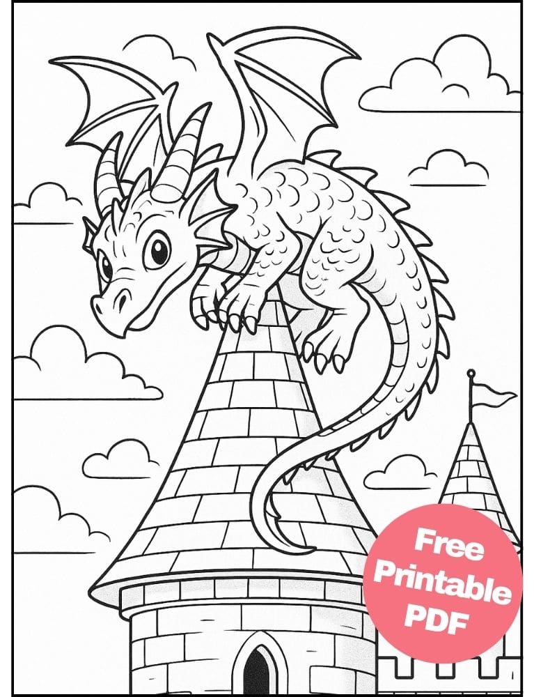 Free Printable Dragon Coloring Pages for Kids Colouring Book Download Medieval Dragons castle roof