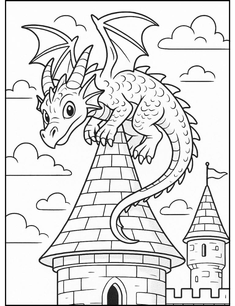 Free Printable Dragon Coloring Pages for Kids Colouring Book Download Medieval Dragons castle roof