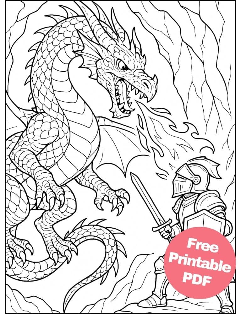 Free Printable Dragon Coloring Pages for Kids Colouring Book Download Medieval Dragons knight fighting sword fire
