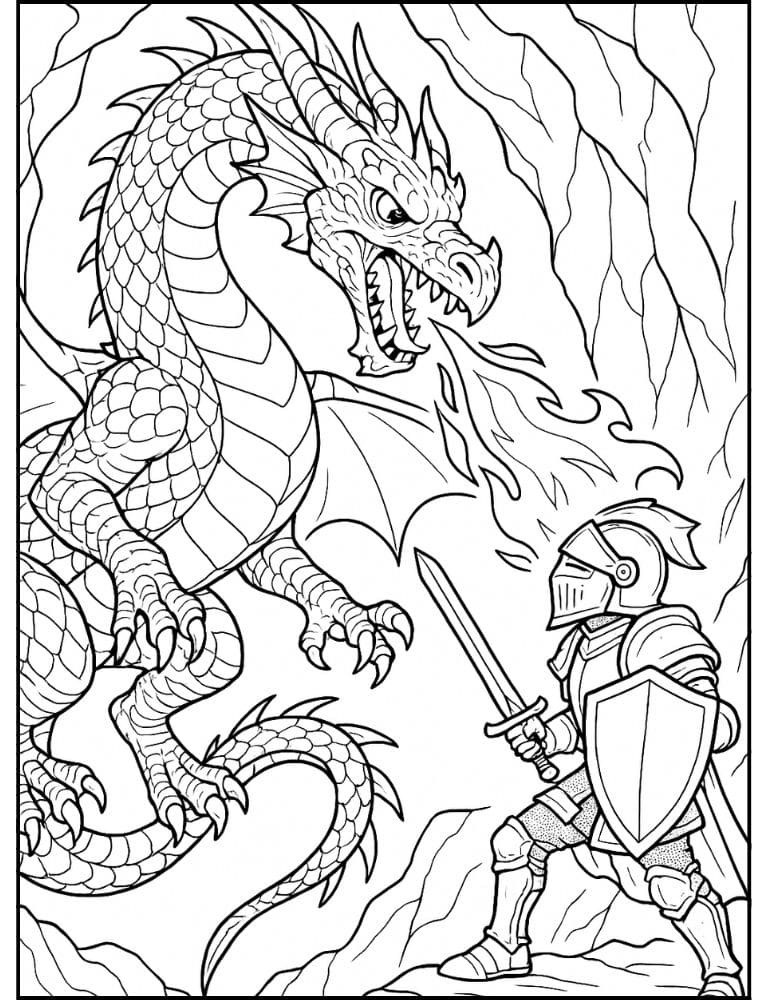 Free Printable Dragon Coloring Pages for Kids Colouring Book Download Medieval Dragons knight fighting sword fire