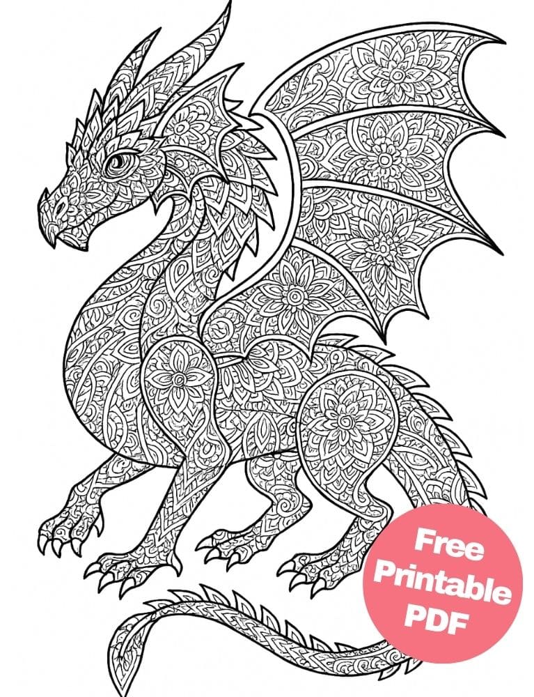 Free Printable Dragon Coloring Pages for Kids Colouring Book Download Medieval Dragons mandala pattern adult teen
