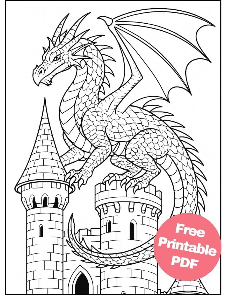Free Printable Dragon Coloring Pages for Kids Colouring Book Download Medieval Dragons roof big detailed castle