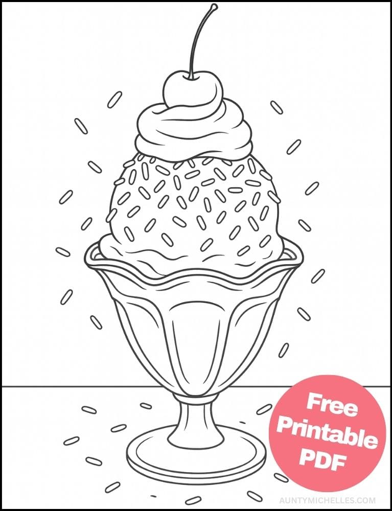 Free Printable Ice Cream Coloring Pages for Kids Summer Colouring Book Printout classic sundae cherry