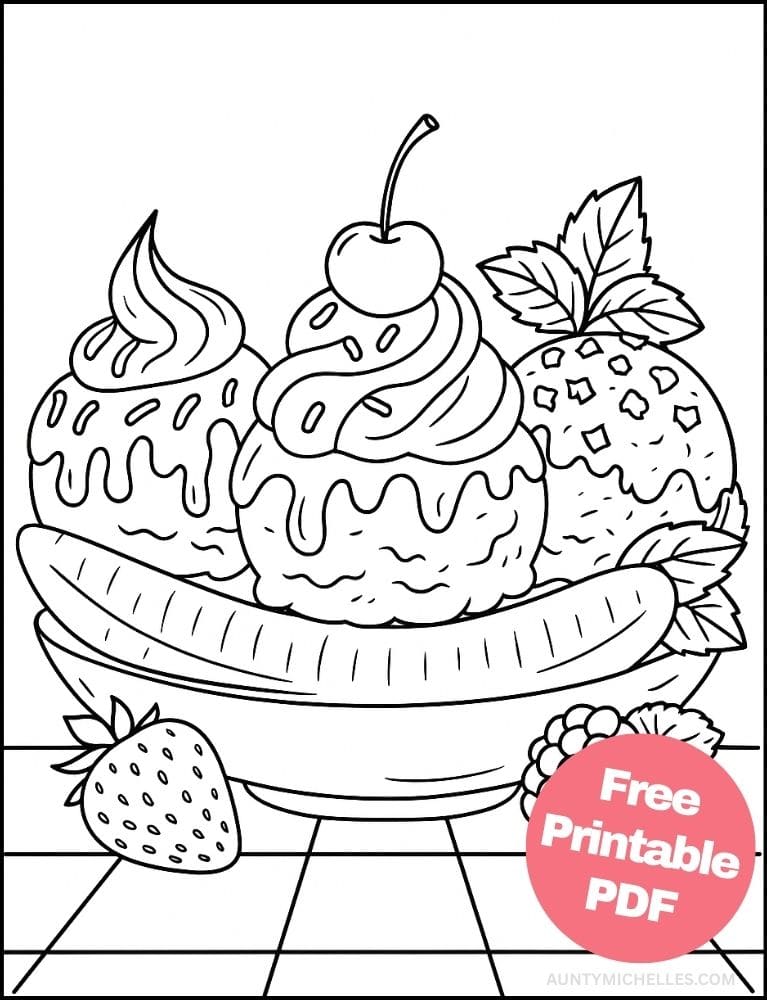 Free Printable Ice Cream Coloring Pages for Kids Summer Colouring Book Printout fancy banana split