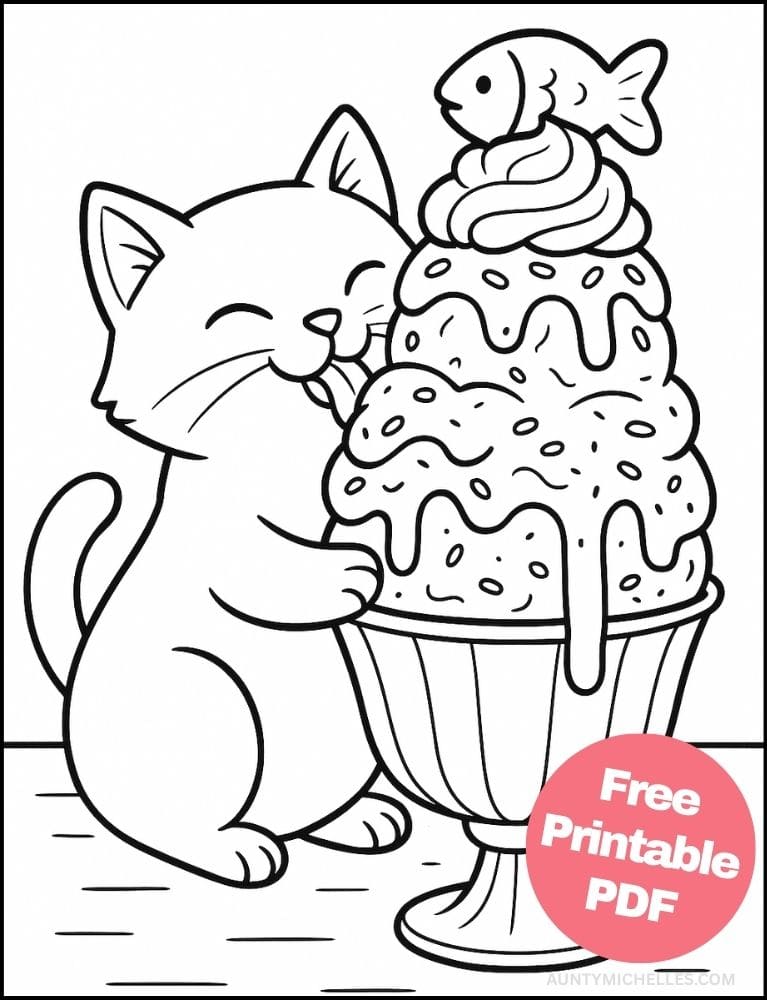 Free Printable Ice Cream Coloring Pages for Kids Summer Colouring Book Printout fish cat sundae