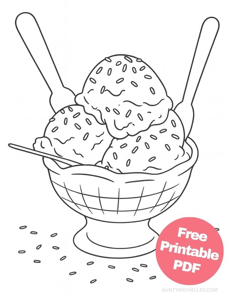 Free Printable Ice Cream Coloring Pages for Kids Summer Colouring Book Printout sundae and spoon