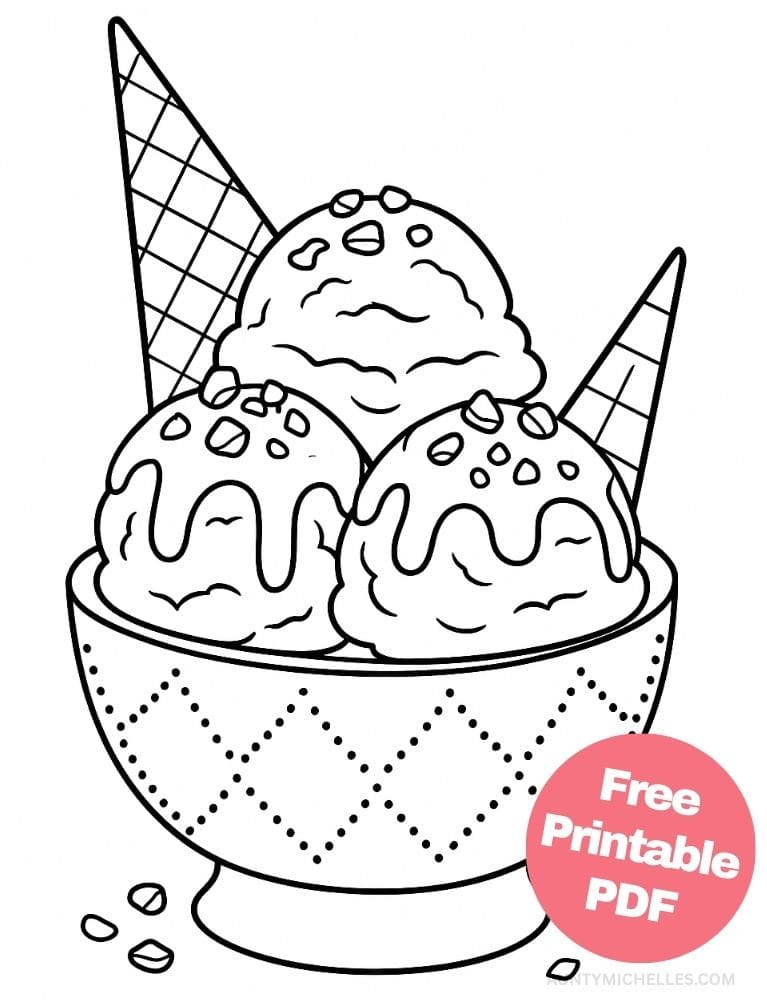 Free Printable Ice Cream Coloring Pages for Kids Summer Colouring Book Printout sundae waffle cone bowl
