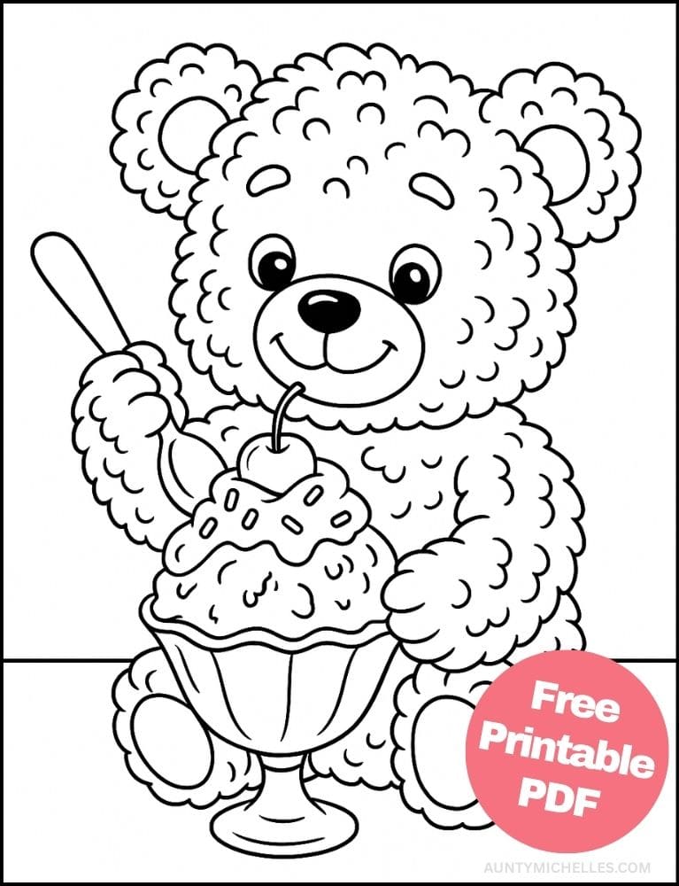 Free Printable Ice Cream Coloring Pages for Kids Summer Colouring Book Printout teddy bear sundae