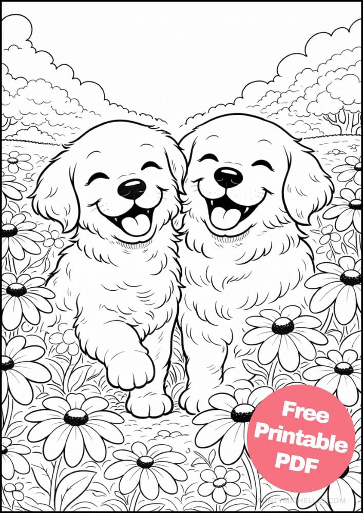 Free Printable Dog Coloring Pages for Kids Cute Colouring Book Puppy Printout retrievers in flower field
