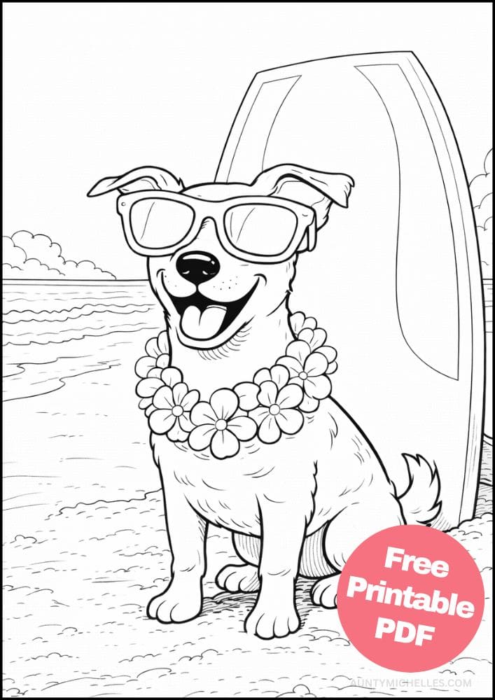 Free Printable Dog Coloring Pages for Kids Cute Colouring Book Puppy Printout surfer beach glasses