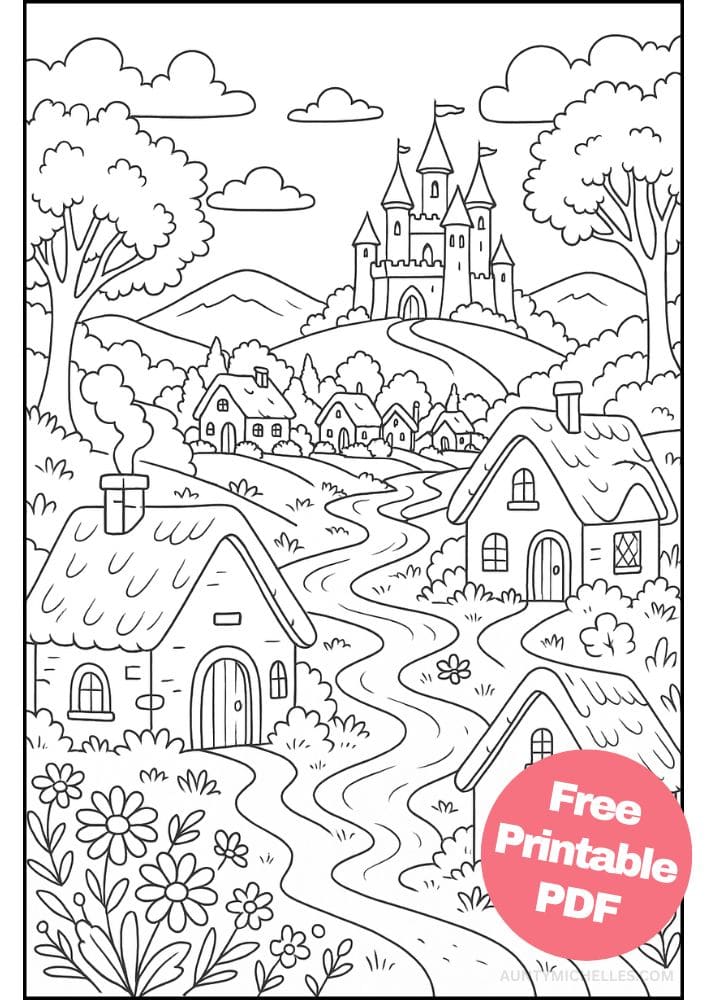 Free Printable Fantasy Coloring Pages for Kids Fairytale Colouring Book Magical Realm Printout classic village