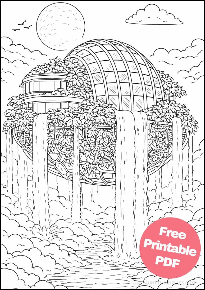 Free Printable Fantasy Coloring Pages for Kids Fairytale Colouring Book Magical Realm Printout future sky waterfall greenhouse