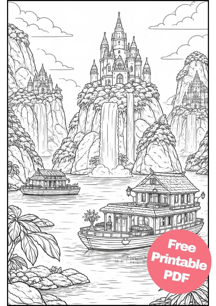 Free Printable Fantasy Coloring Pages for Kids Fairytale Colouring Book Magical Realm Printout halong bay house boat