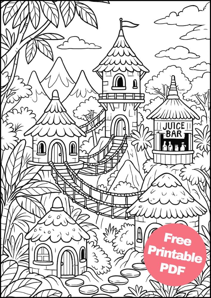 Free Printable Fantasy Coloring Pages for Kids Fairytale Colouring Book Magical Realm Printout huts jungle tropical