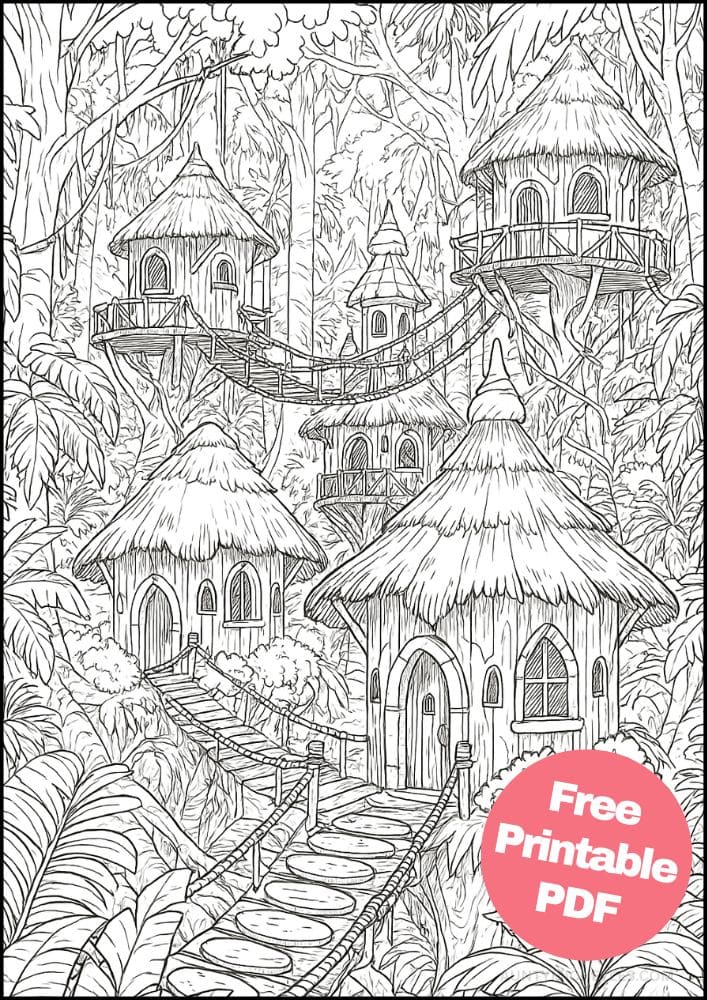 Free Printable Fantasy Coloring Pages for Kids Fairytale Colouring Book Magical Realm Printout jungle hut