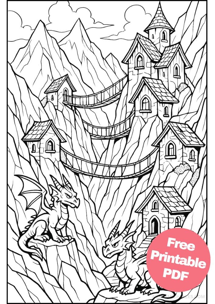 Free Printable Fantasy Coloring Pages for Kids Fairytale Colouring Book Magical Realm Printout medieval dragon mountain