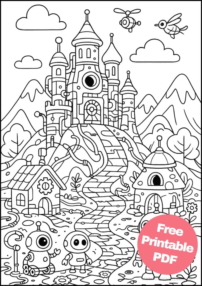 Free Printable Fantasy Coloring Pages for Kids Fairytale Colouring Book Magical Realm Printout robot gears