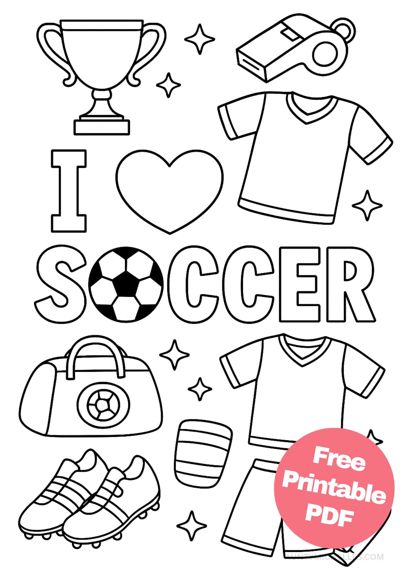 Free Printable Soccer Coloring Pages for Kids Football Colouring Book Printout i heart soccer trophy whistle jersey cleats bag easy uniform ball