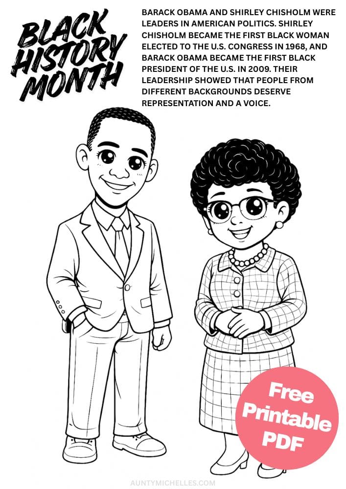 Free Printable Black History Month Coloring Pages for Kids Black Excellence Diversity Equality Freedom Black Lives Matter Barack Obama and Shirley Chisholm
