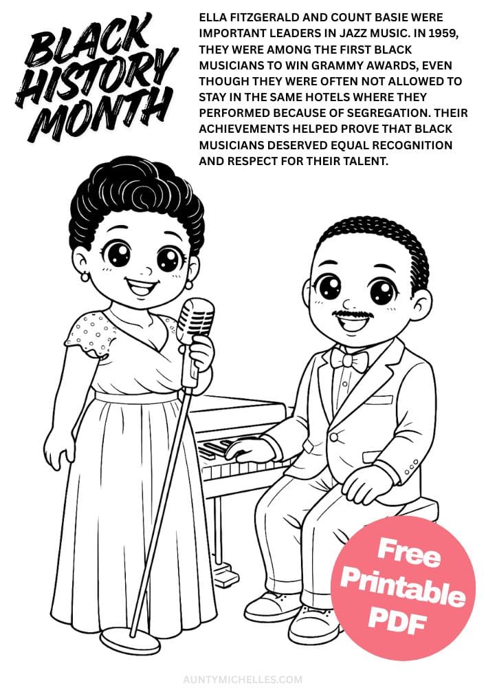 Free Printable Black History Month Coloring Pages for Kids Black Excellence Diversity Equality Freedom Black Lives Matter Ella Fitzgerald and Count Basie