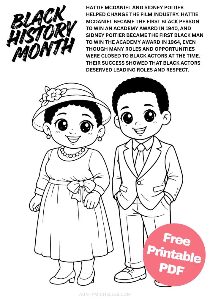 Free Printable Black History Month Coloring Pages for Kids Black Excellence Diversity Equality Freedom Black Lives Matter Hattie McDaniel and Sidney Poitier