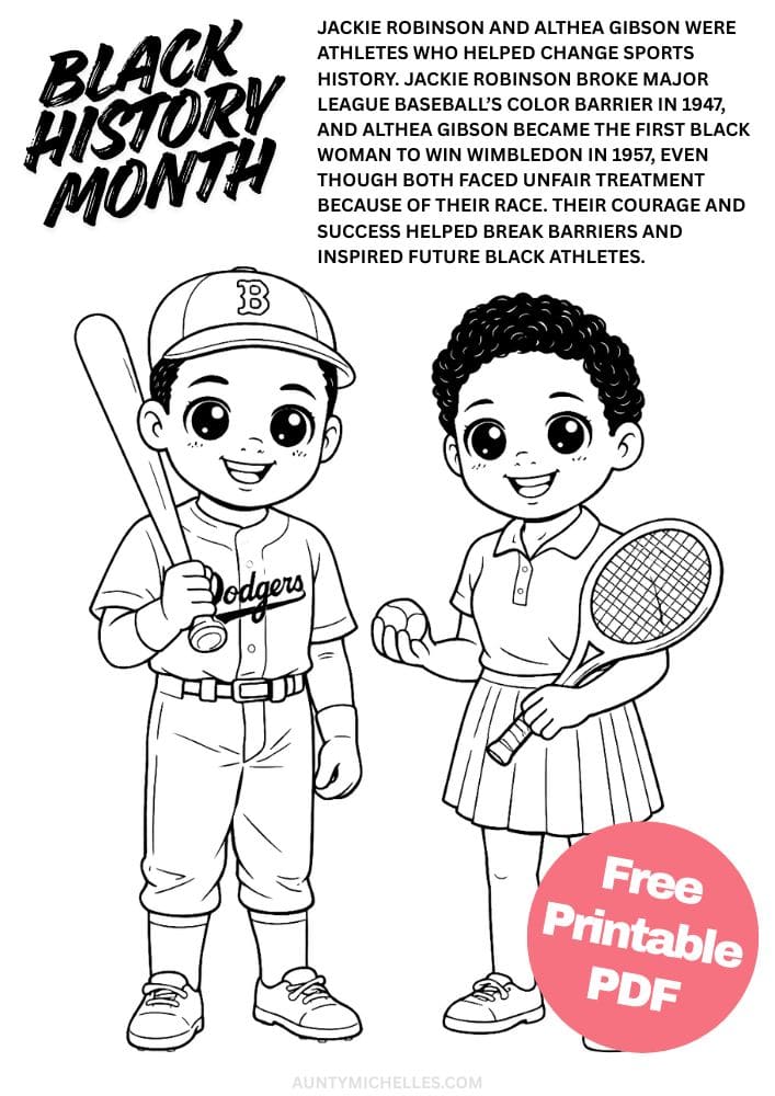 Free Printable Black History Month Coloring Pages for Kids Black Excellence Diversity Equality Freedom Black Lives Matter Jackie Robinson and Althea Gibson