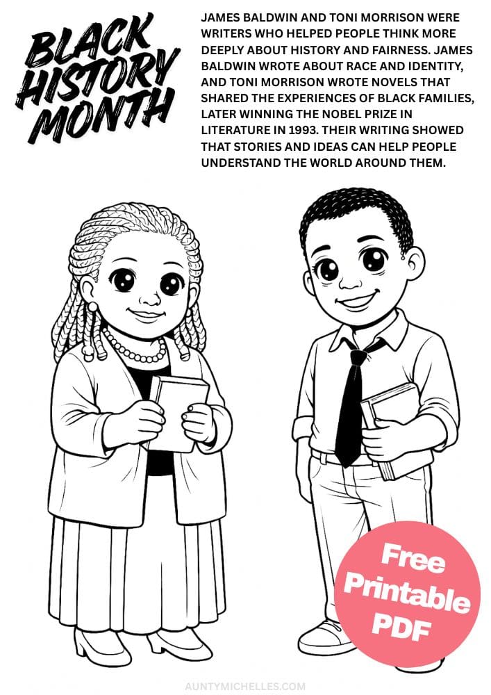 Free Printable Black History Month Coloring Pages for Kids Black Excellence Diversity Equality Freedom Black Lives Matter James Baldwin and Toni Morrison