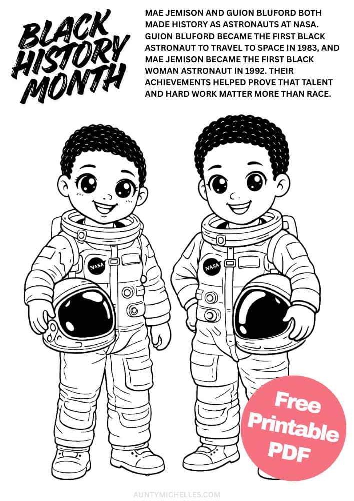 Free Printable Black History Month Coloring Pages for Kids Black Excellence Diversity Equality Freedom Black Lives Matter Mae Jemison and Guion Bluford
