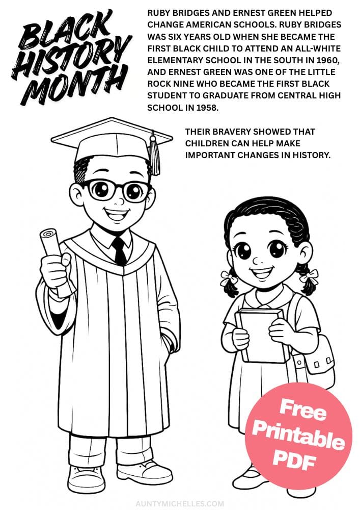 Free Printable Black History Month Coloring Pages for Kids Black Excellence Diversity Equality Freedom Black Lives Matter Ruby Bridges and Ernest Green