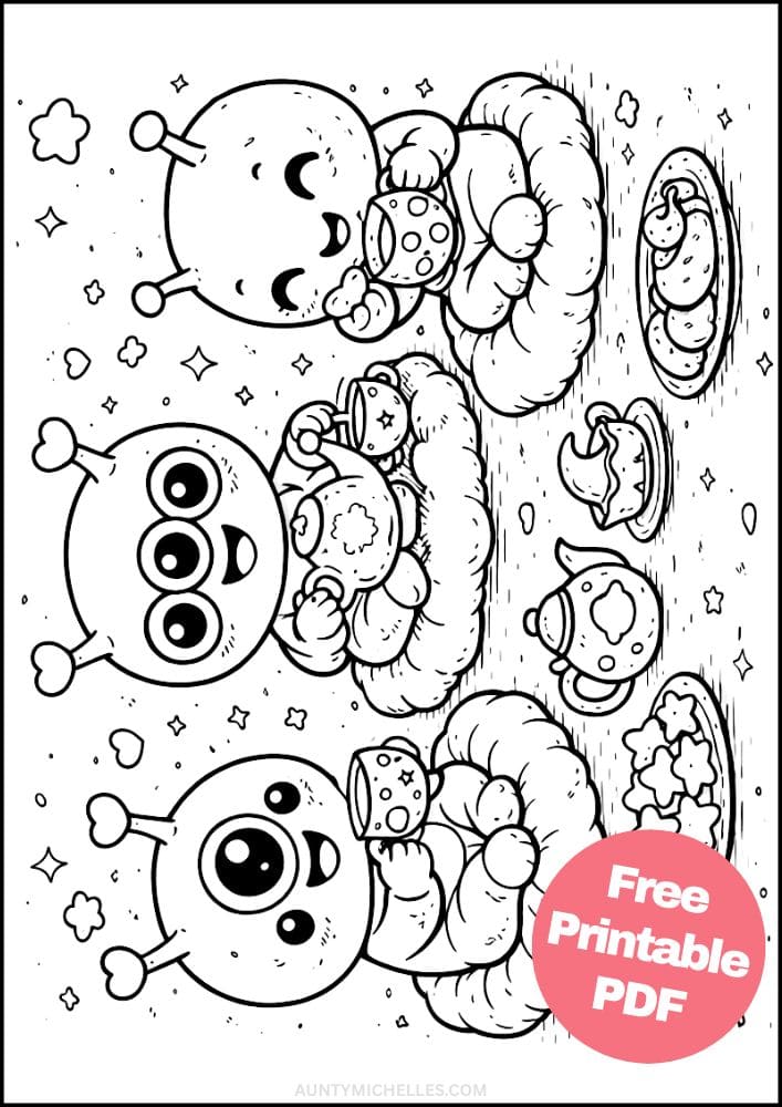 Free Printable Alien Coloring Pages for Kids Space Galaxy Colouring Book Sheets Printout PDF 3 Tea Party