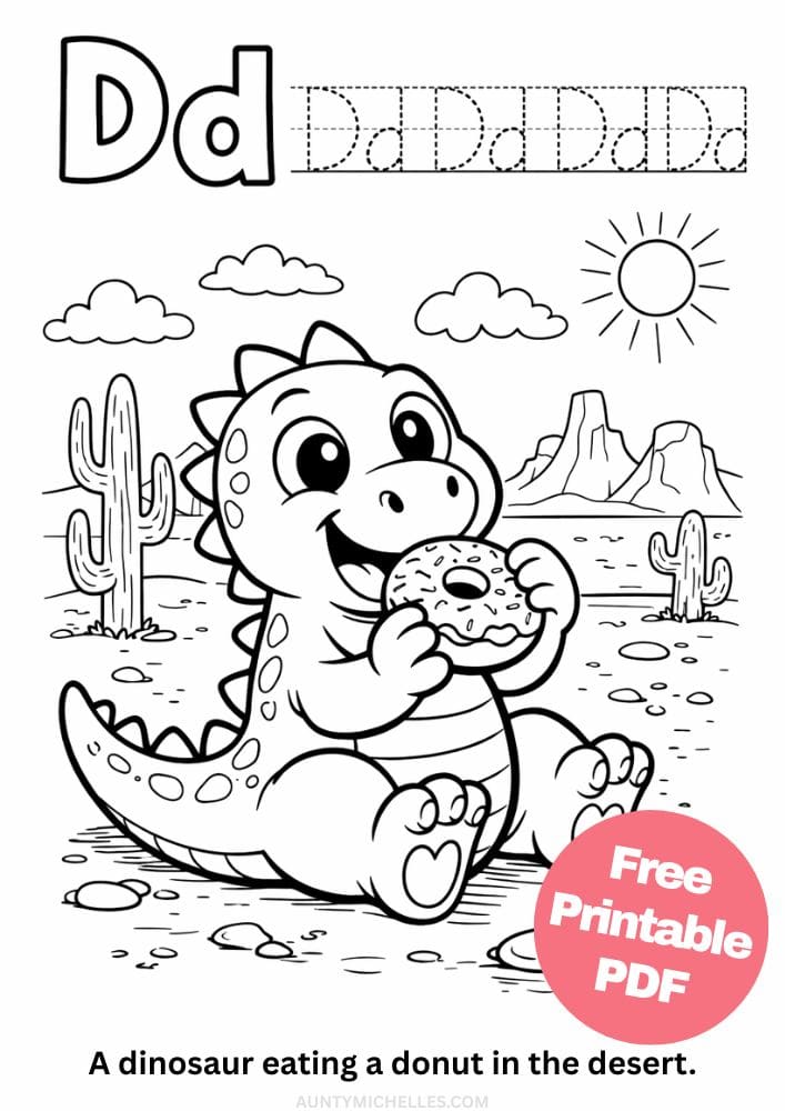 Free Printable Alphabet Coloring Pages for Kids ABC Colouring Book Sheets Printout PDF Learning d dinosaur donut desert