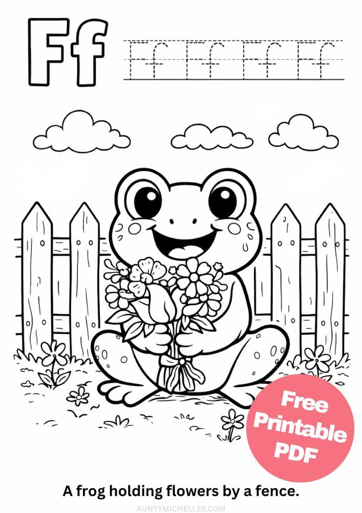 Free Printable Alphabet Coloring Pages for Kids ABC Colouring Book Sheets Printout PDF Learning f frog flowers fence