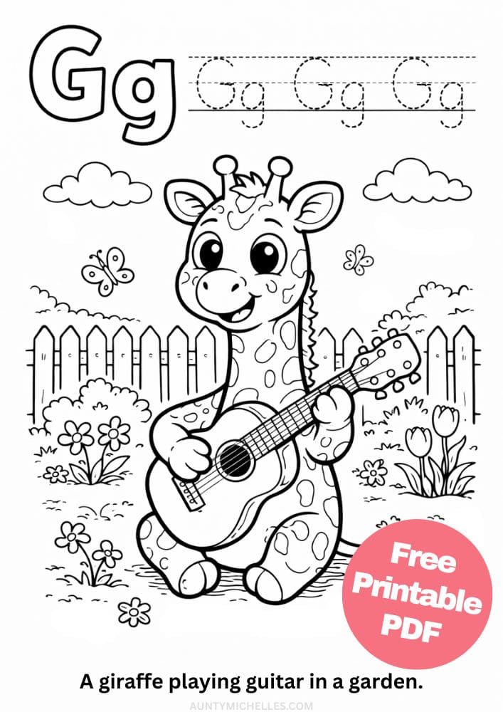 Free Printable Alphabet Coloring Pages for Kids ABC Colouring Book Sheets Printout PDF Learning g giraffe guitar garden