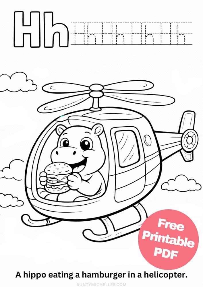 Free Printable Alphabet Coloring Pages for Kids ABC Colouring Book Sheets Printout PDF Learning h hippo hamburger helicopter