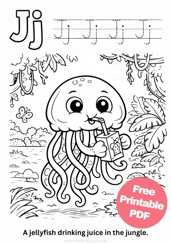 Free Printable Alphabet Coloring Pages for Kids ABC Colouring Book Sheets Printout PDF Learning j jellyfish juice jungle