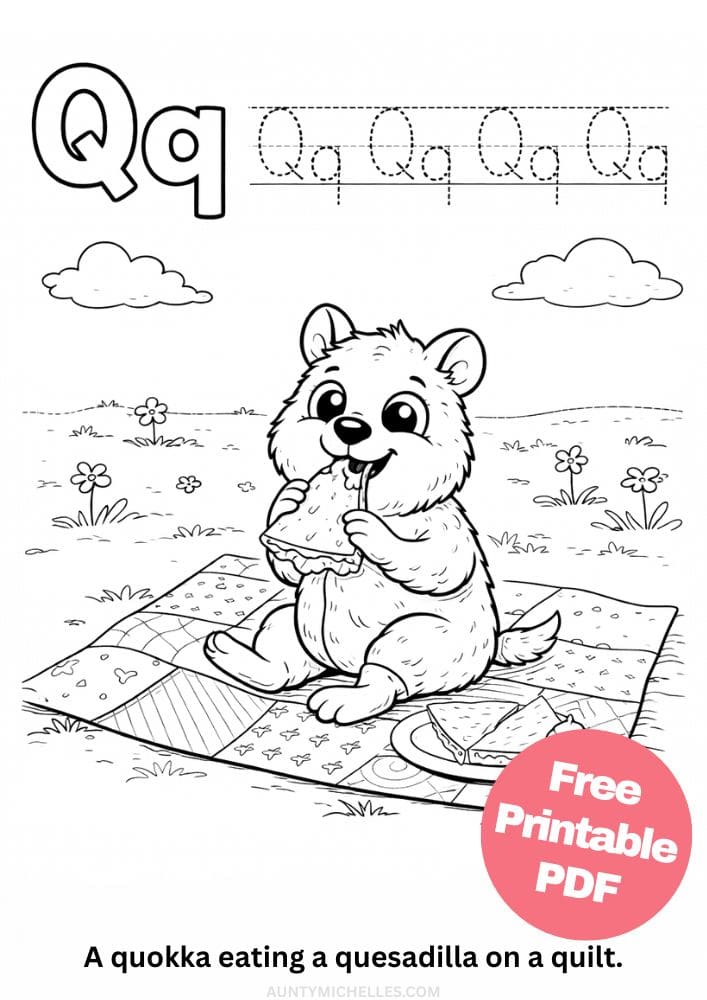 Free Printable Alphabet Coloring Pages for Kids ABC Colouring Book Sheets Printout PDF Learning q quokka quesadilla quilt