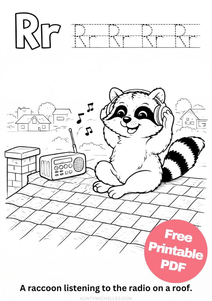 Free Printable Alphabet Coloring Pages for Kids ABC Colouring Book Sheets Printout PDF Learning r raccoon radio roof