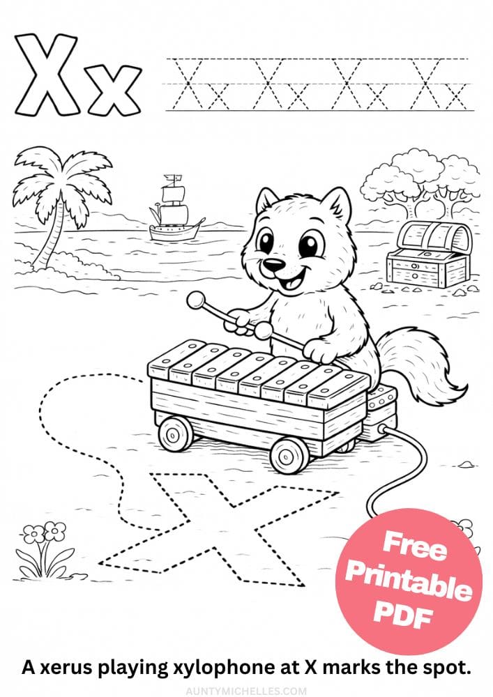 Free Printable Alphabet Coloring Pages for Kids ABC Colouring Book Sheets Printout PDF Learning x xerus xylophone x marks the spot